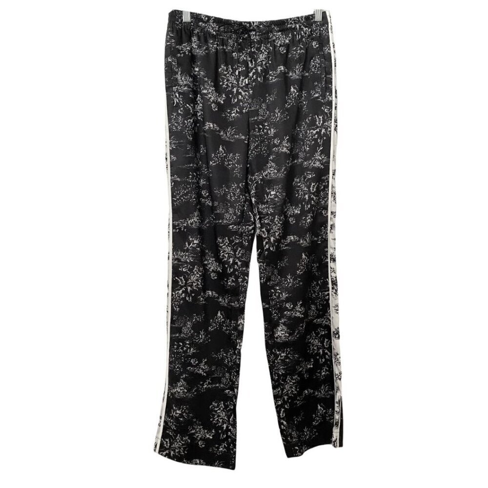 NWOT JUDITH & CHARLES BLACK WHITE SATIN BOTANICAL SIDE STRIPE DRAWSTRING PANTS - Picture 2 of 10